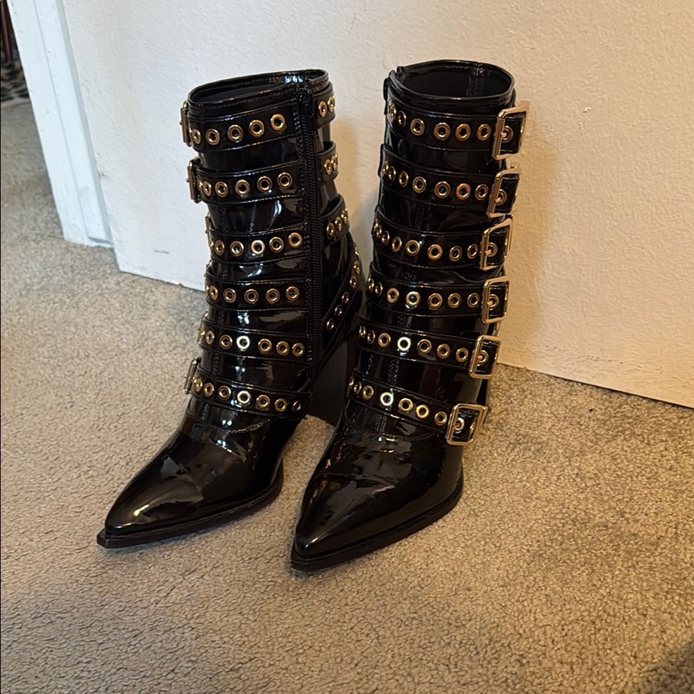Jeffrey Campbell Ignatius Booties Black Heeled Boots with Straps